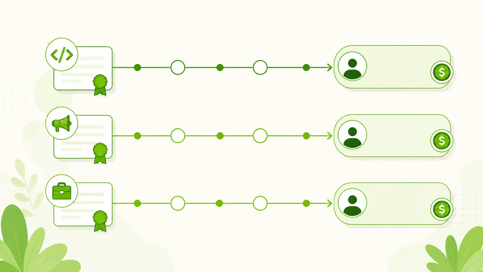 Three horizontal career tracks, each starting from a certificate marked with a code, megaphone or briefcase icon and running along a milestone line to a role badge with a salary coin — the tech, marketing and business paths that free certificates open up.
