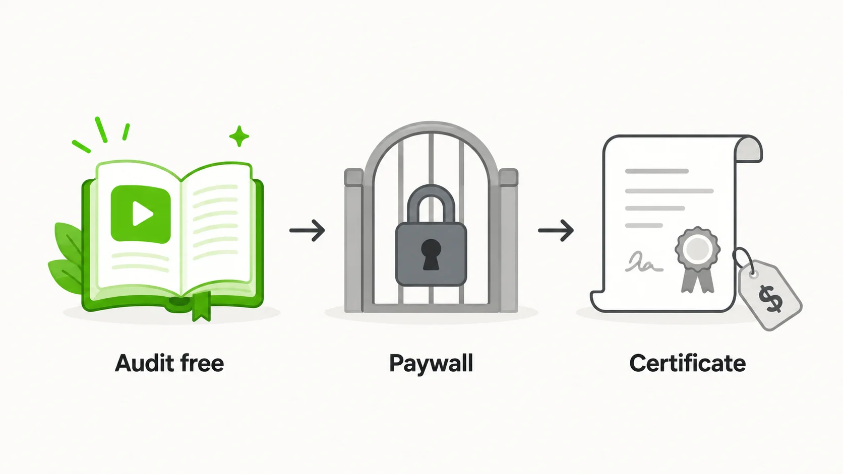 A three-stage flow — an open book with a play button labeled 'Audit free', a locked gate labeled 'Paywall', and a certificate with a price tag labeled 'Certificate' — showing that many AI courses are free to audit but charge for the certificate.