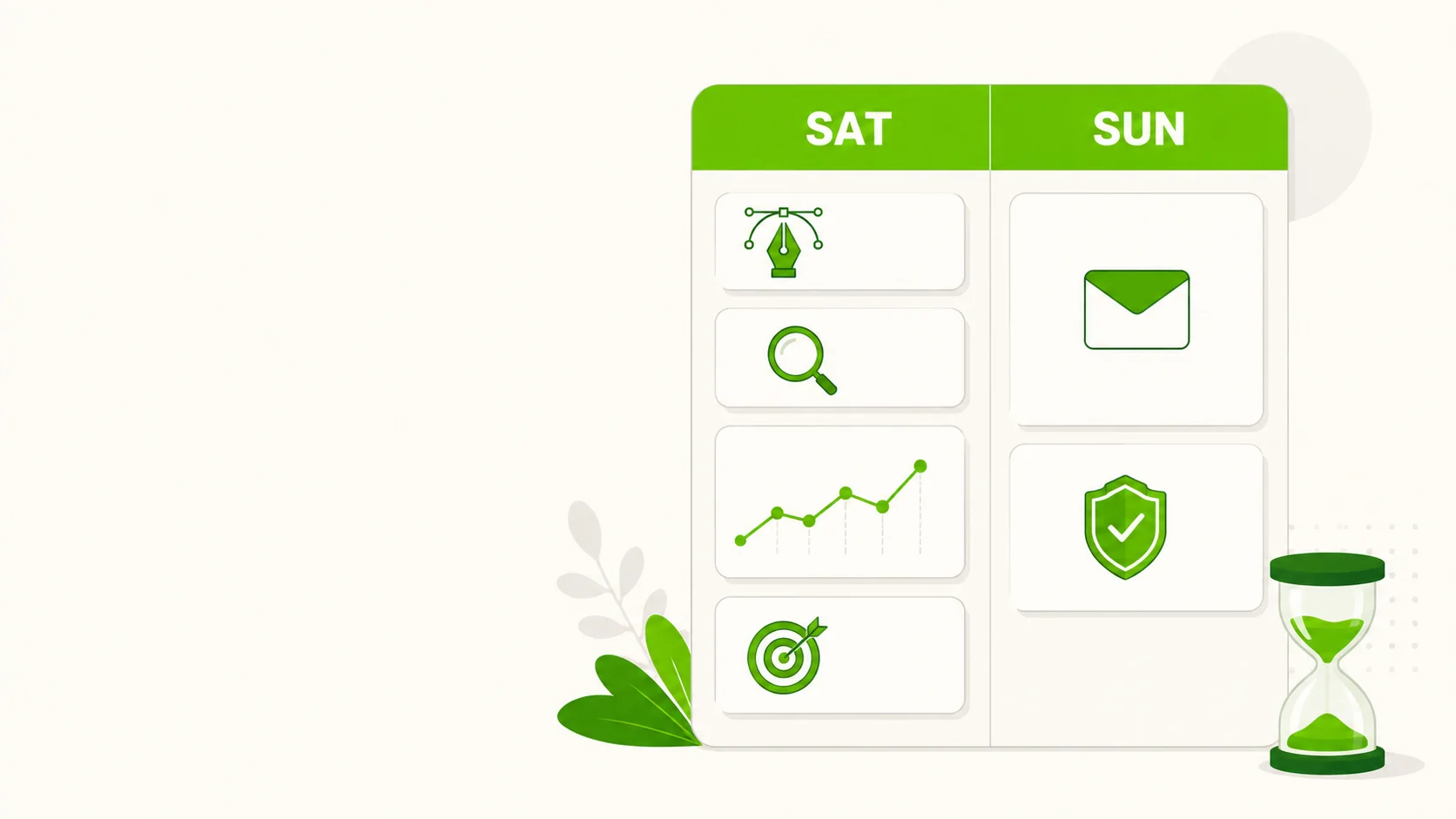 A weekend planner split into Saturday and Sunday columns of task cards — a design pen, a magnifier, a growth chart, a target, an envelope and a shield — beside an hourglass, illustrating free certificates you can finish in a weekend.