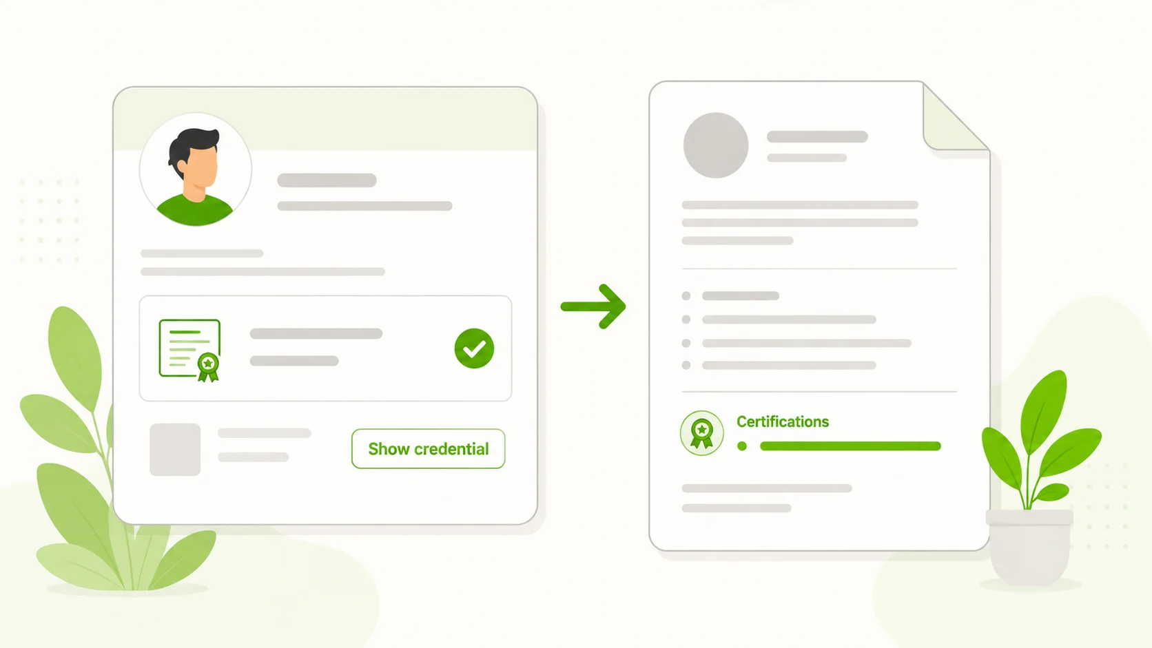 A LinkedIn profile card showing a verified certificate row with a green check and a 'Show credential' button, an arrow pointing to a one-page resume with a highlighted 'Certifications' section — how to show a certificate on LinkedIn and on a resume.