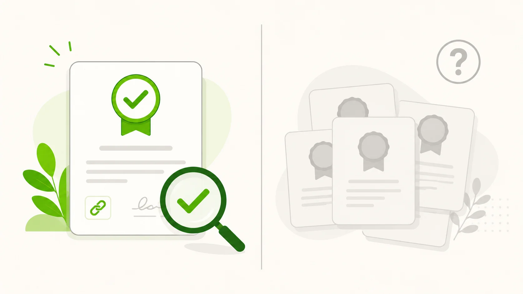 A split illustration: on the left a certificate with a green verified check, a credential link and an approving magnifier; on the right a faded gray stack of look-alike badges with a question mark — the free certificates recruiters respect versus the ones they ignore.